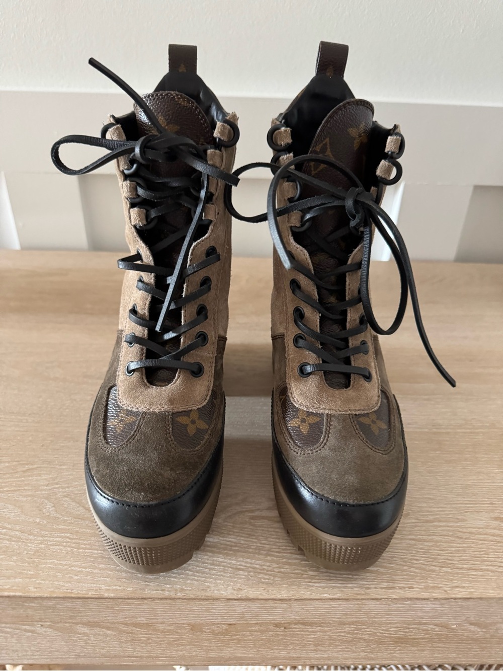 Louis Vuitton Brown Monogram Suede Combat Boots